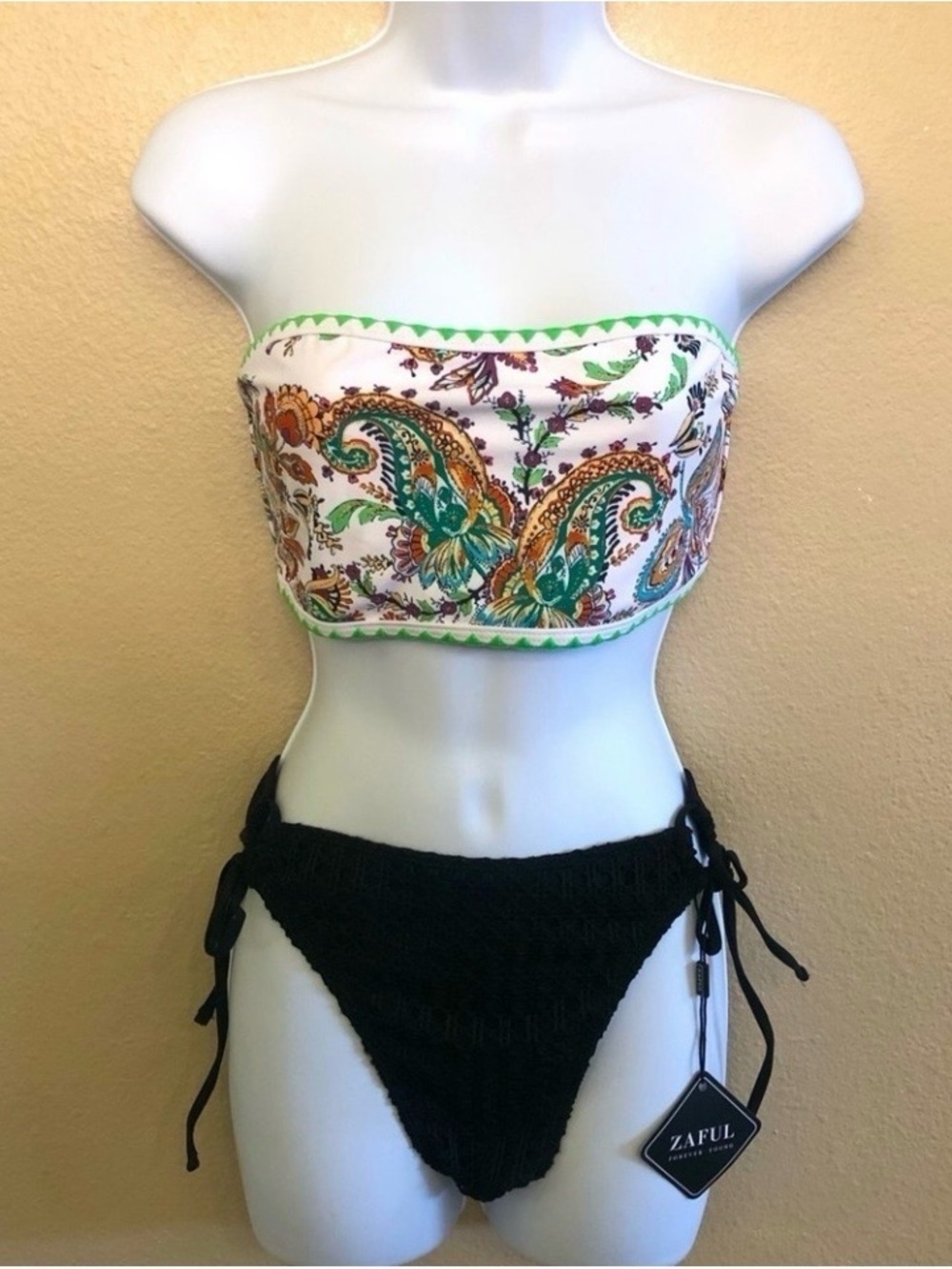 Zaful Strapless Bandeau Lace Up Back Top Crochet Cheeky Bottom Bikini Set Size M